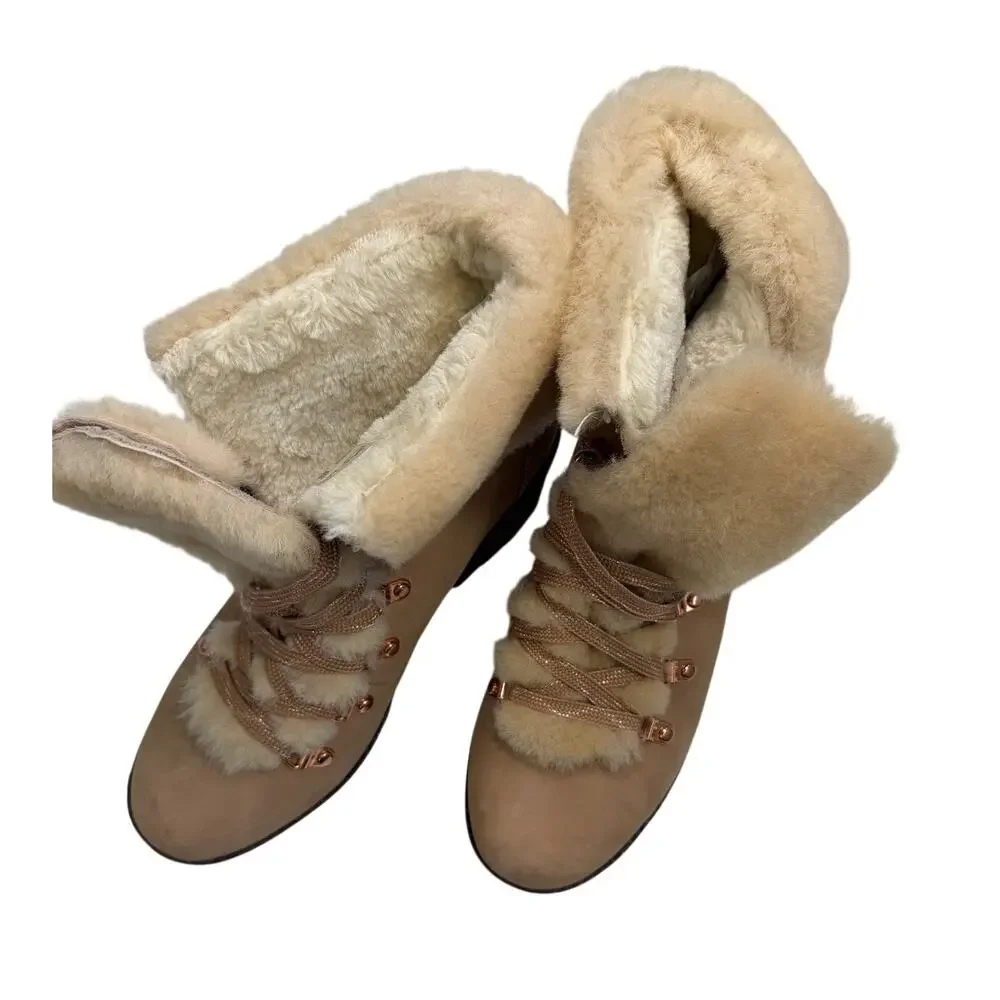 J.Crew Nordic Shearling Wedge Boots Size 9 Nubuck Leather Fur Lined Après Ski